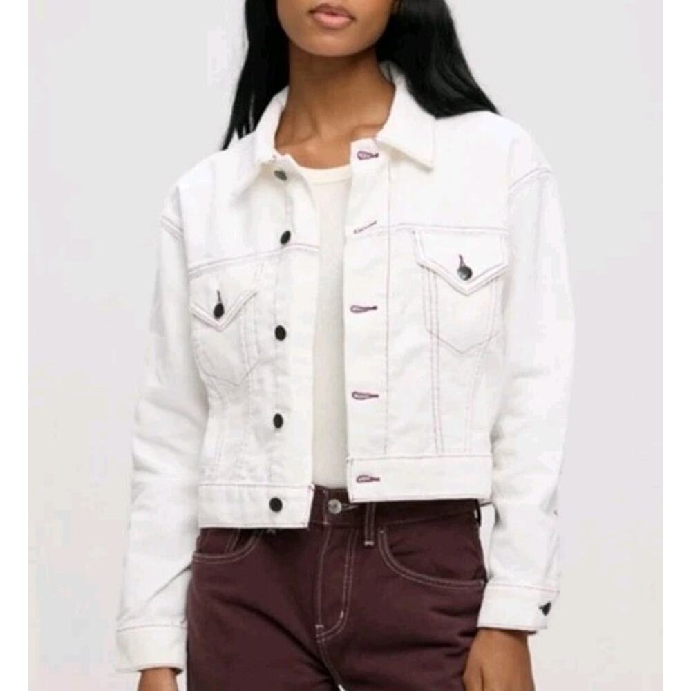 NWT Etica Women's Chelsea Jacket, Size‎ XS, White Corduroy With Purple Stitching